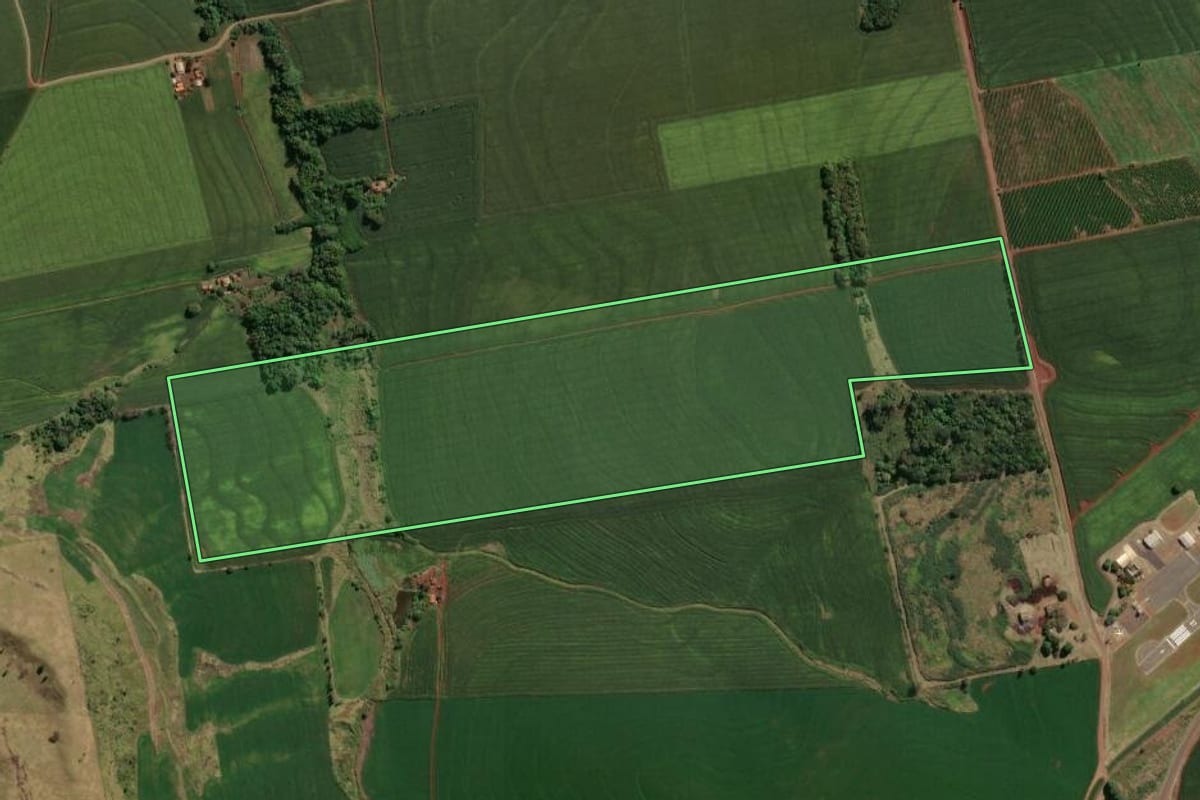 Imagem de satélite do imóvel rural em Cornélio Procópio (PR), com o contorno declarado no CAR desenhado por cima.
