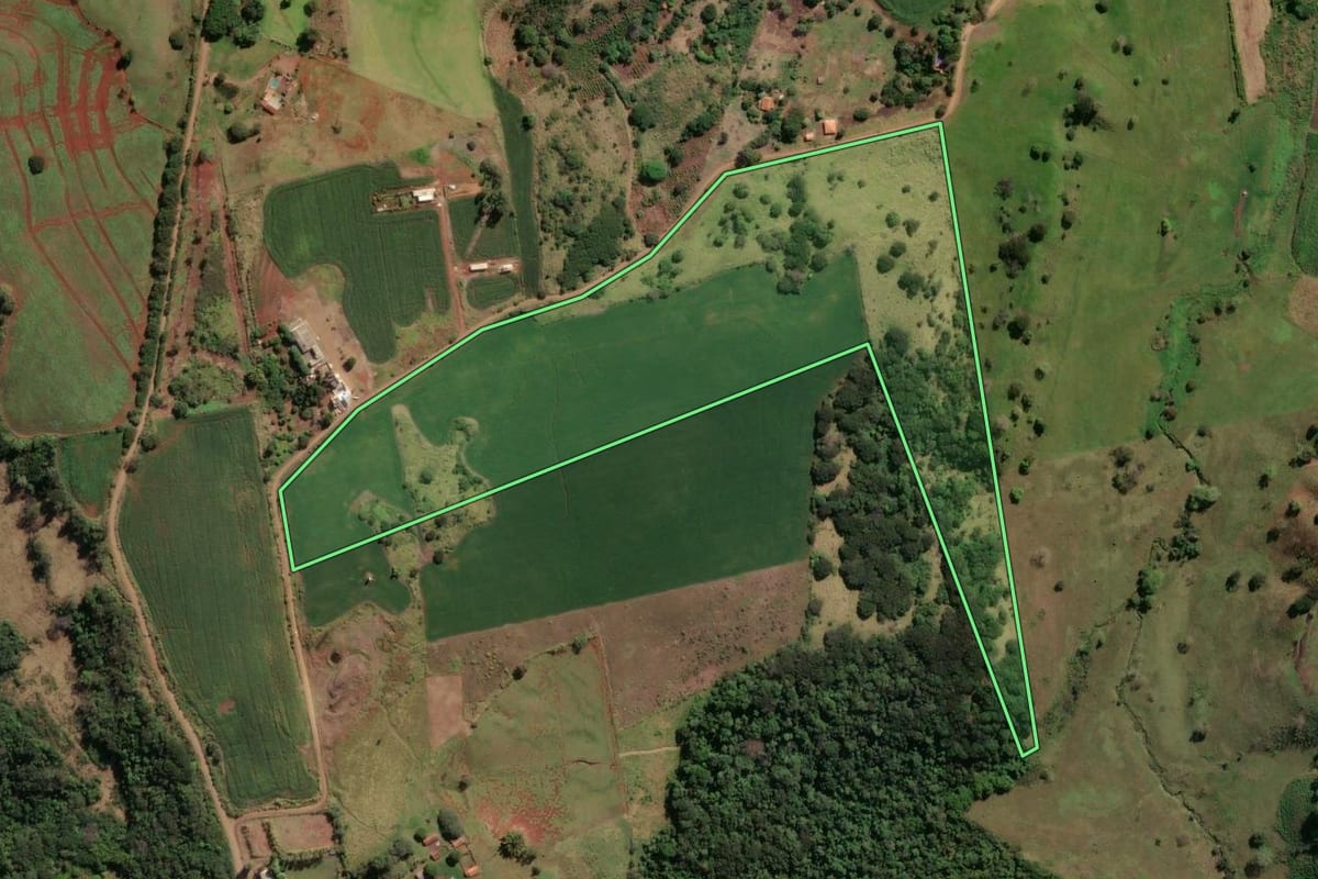 Imagem de satélite do imóvel rural em Cornélio Procópio (PR), com o contorno declarado no CAR desenhado por cima.