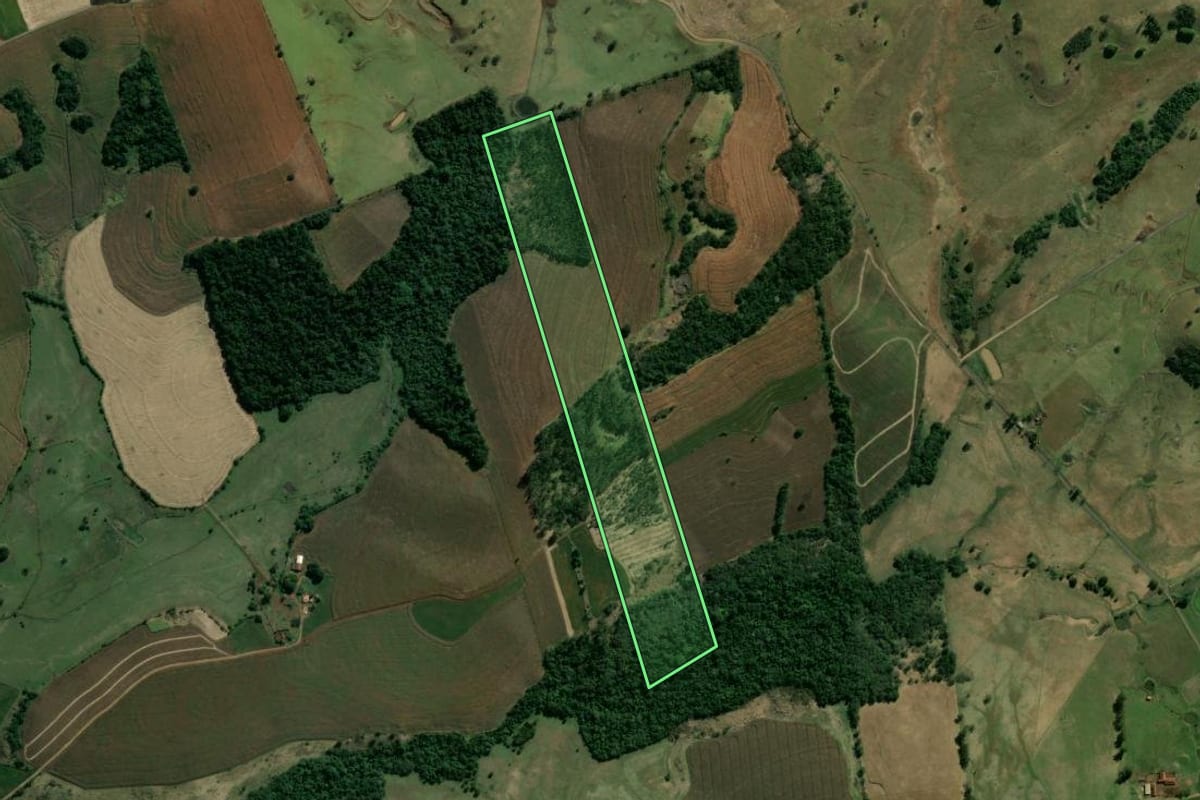 Imagem de satélite do imóvel rural em Cornélio Procópio (PR), com o contorno declarado no CAR desenhado por cima.