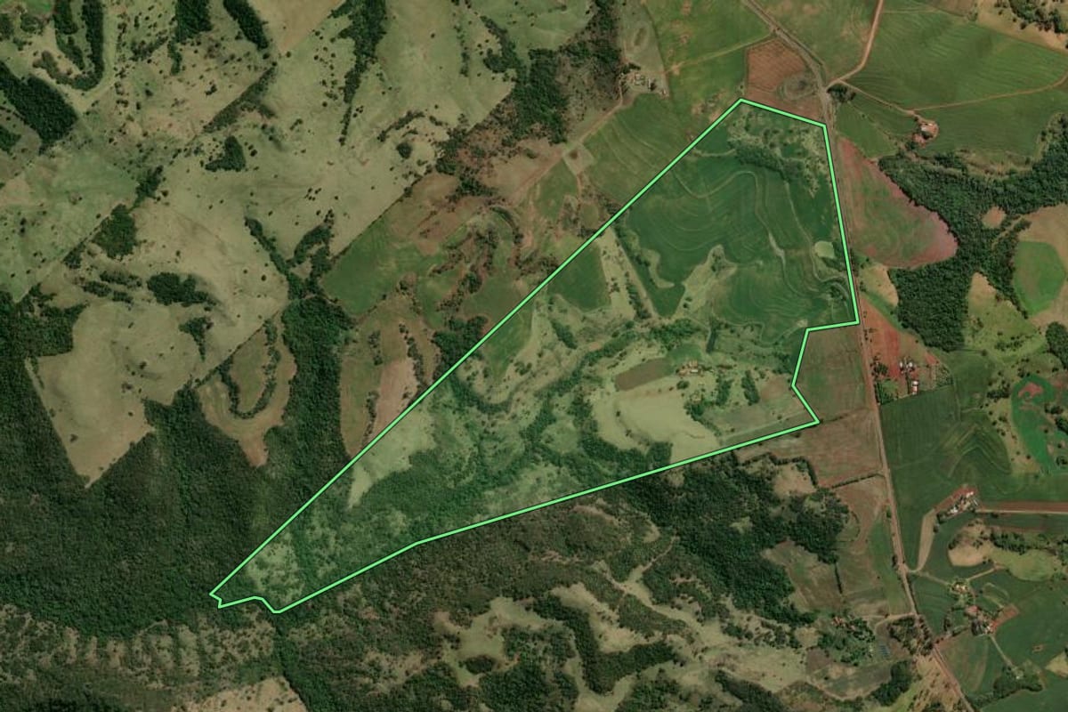 Imagem de satélite do imóvel rural em Cornélio Procópio (PR), com o contorno declarado no CAR desenhado por cima.