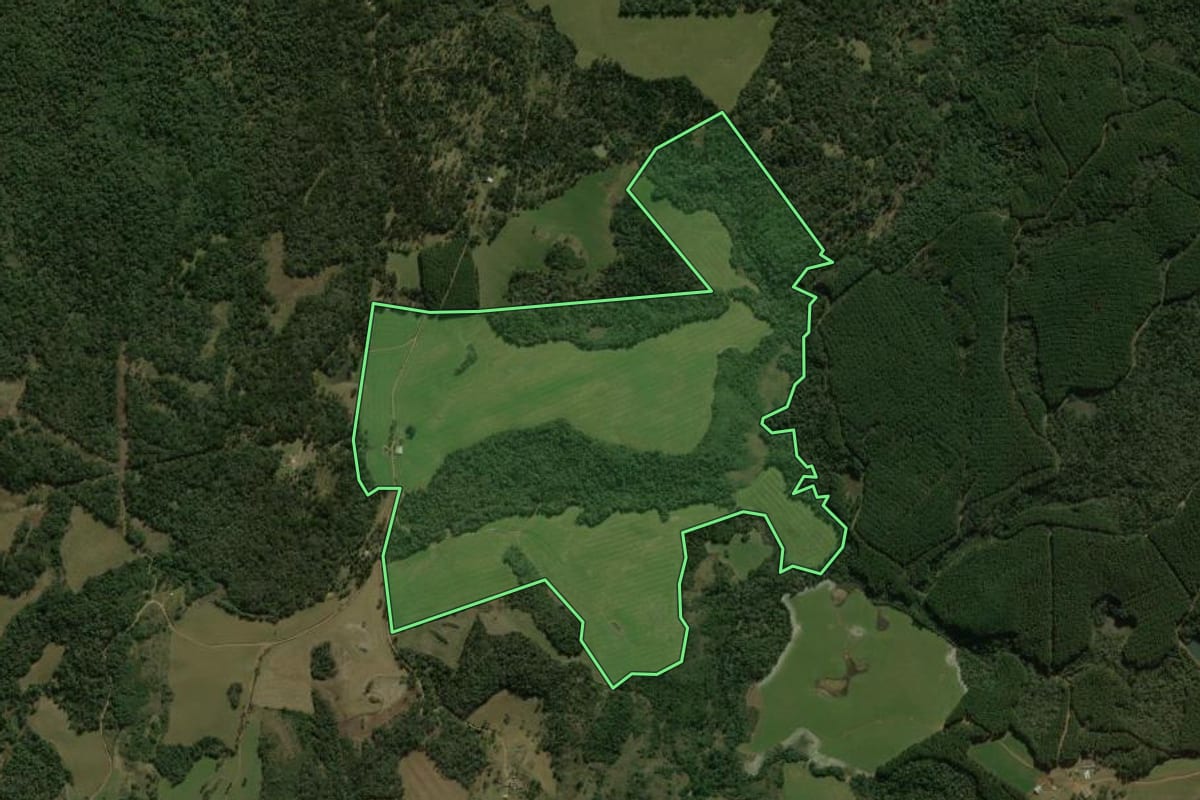 Imagem de satélite do imóvel rural em Coronel Domingos Soares (PR), com o contorno declarado no CAR desenhado por cima.