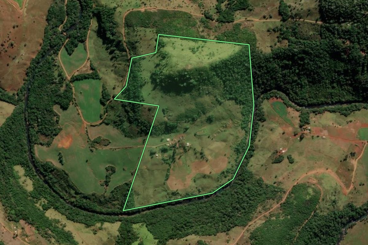 Imagem de satélite do imóvel rural em Coronel Domingos Soares (PR), com o contorno declarado no CAR desenhado por cima.