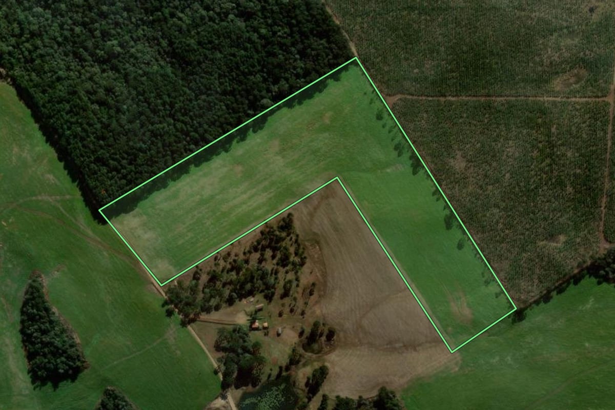 Imagem de satélite do imóvel rural em Coronel Domingos Soares (PR), com o contorno declarado no CAR desenhado por cima.