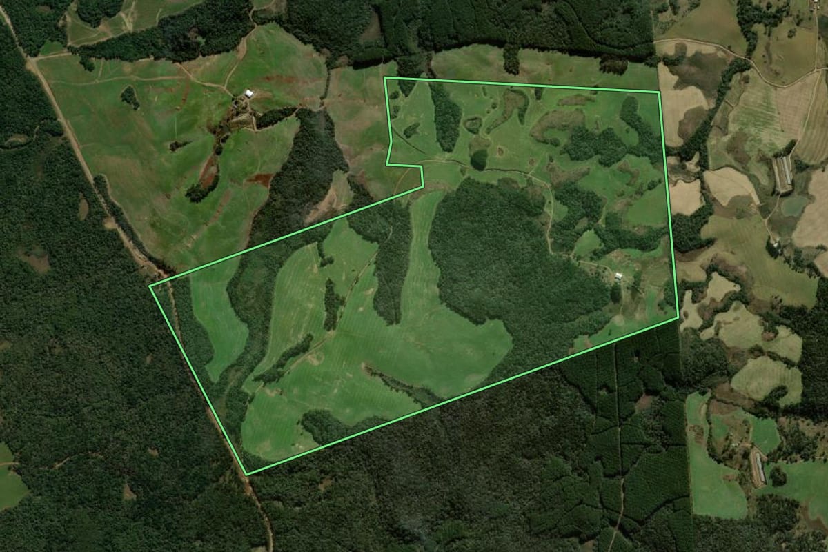 Imagem de satélite do imóvel rural em Coronel Domingos Soares (PR), com o contorno declarado no CAR desenhado por cima.