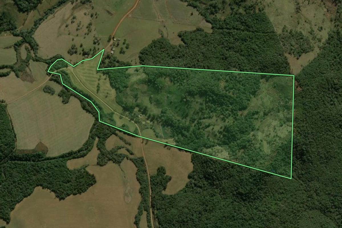 Imagem de satélite do imóvel rural em Coronel Domingos Soares (PR), com o contorno declarado no CAR desenhado por cima.