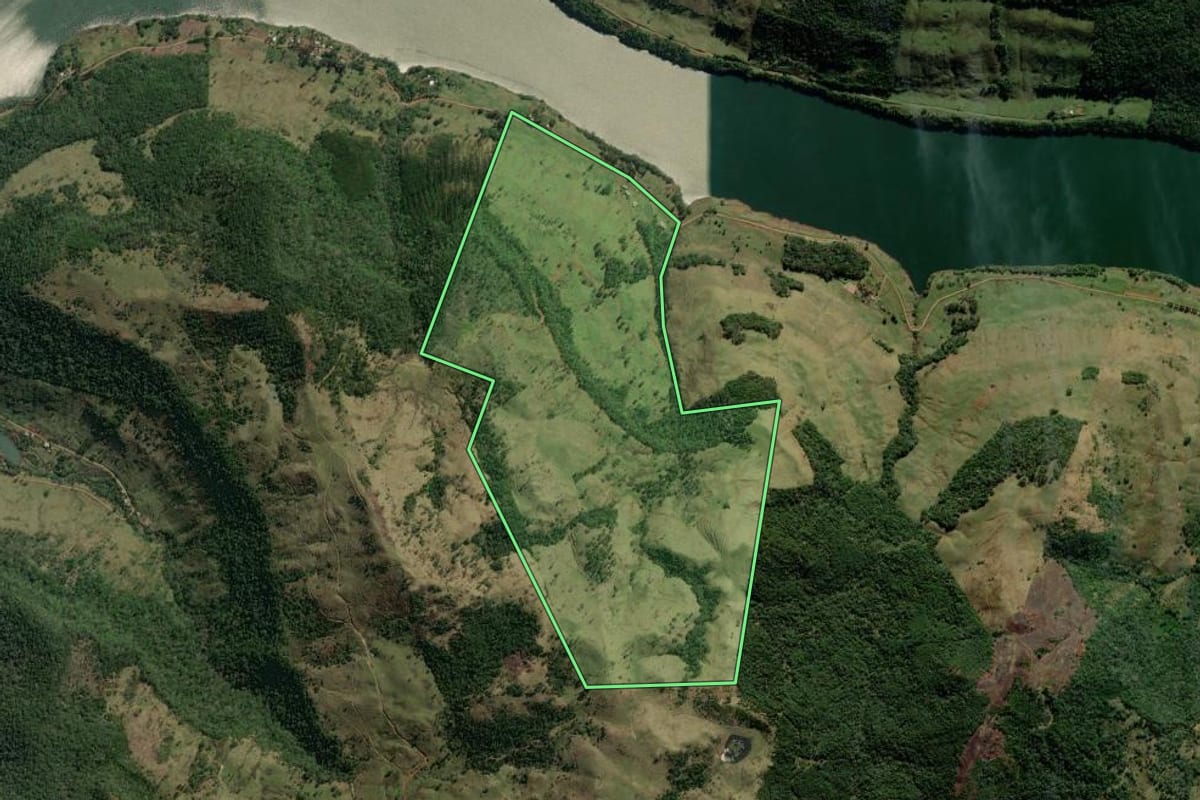 Imagem de satélite do imóvel rural em Coronel Domingos Soares (PR), com o contorno declarado no CAR desenhado por cima.