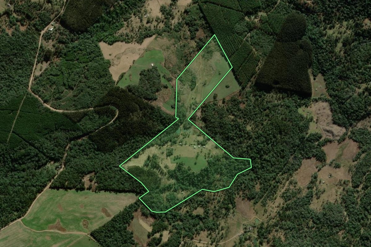 Imagem de satélite do imóvel rural em Coronel Domingos Soares (PR), com o contorno declarado no CAR desenhado por cima.