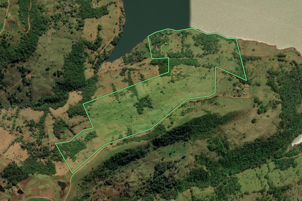 Imagem de satélite do imóvel rural em Coronel Domingos Soares (PR), com o contorno declarado no CAR desenhado por cima.