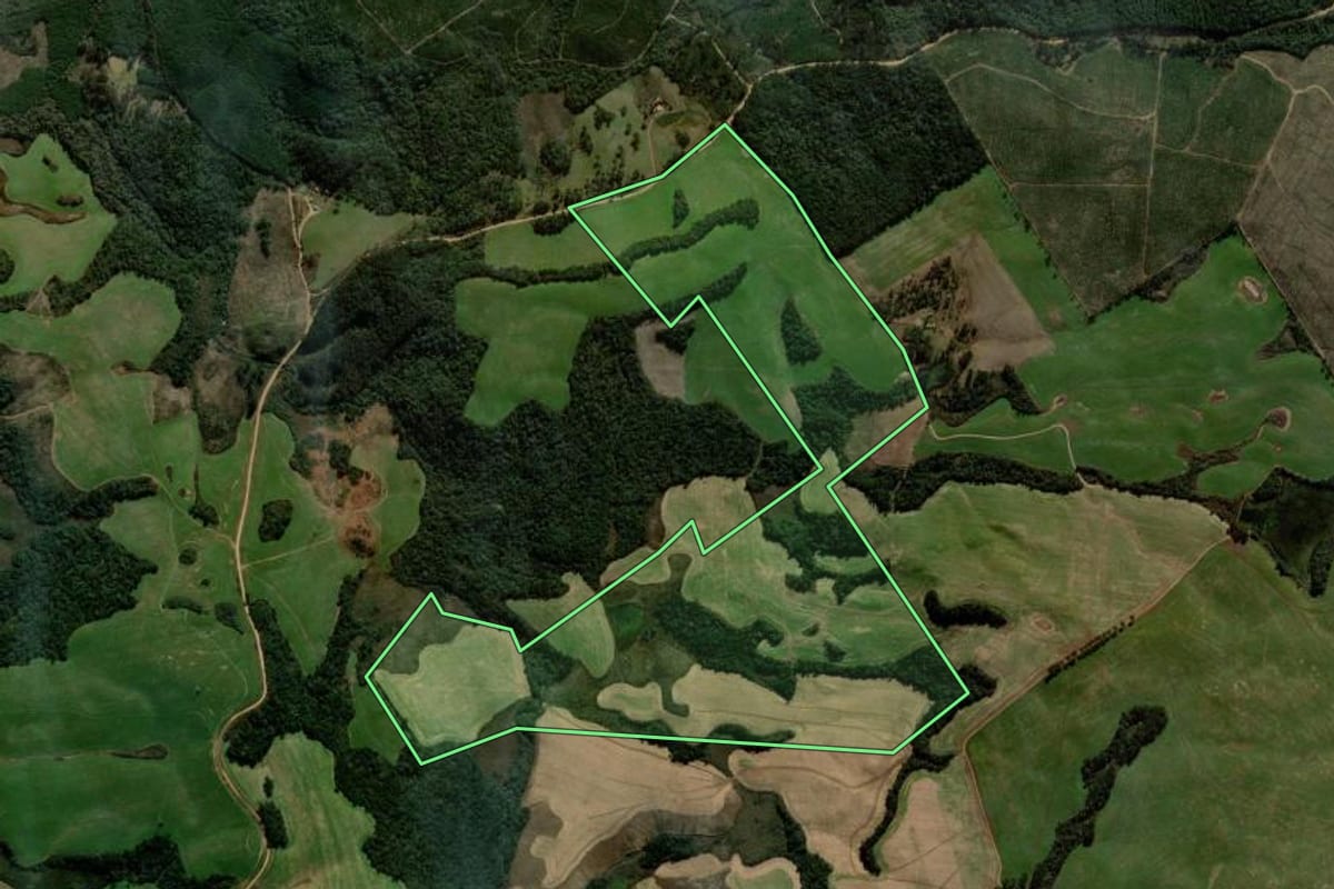 Imagem de satélite do imóvel rural em Coronel Domingos Soares (PR), com o contorno declarado no CAR desenhado por cima.