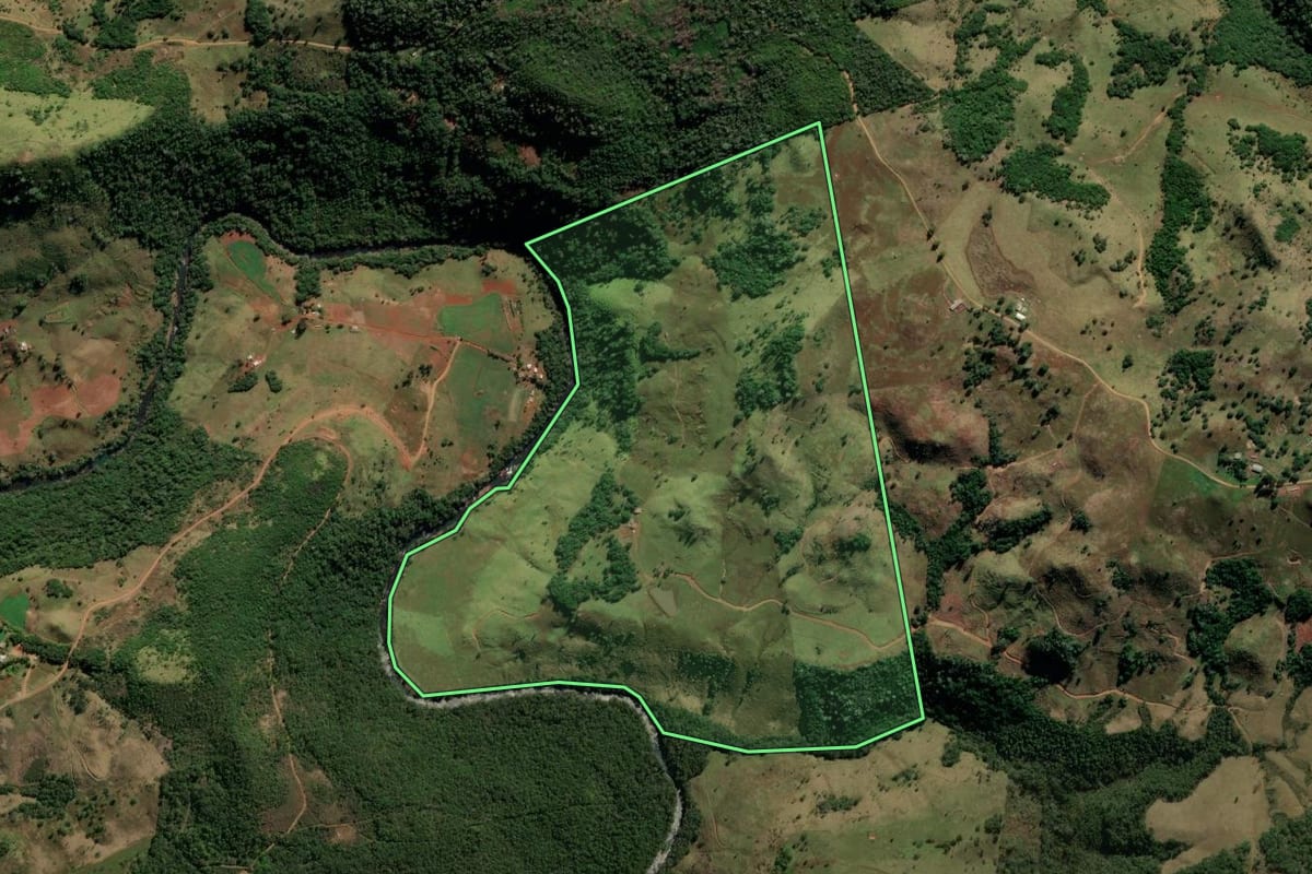 Imagem de satélite do imóvel rural em Coronel Domingos Soares (PR), com o contorno declarado no CAR desenhado por cima.