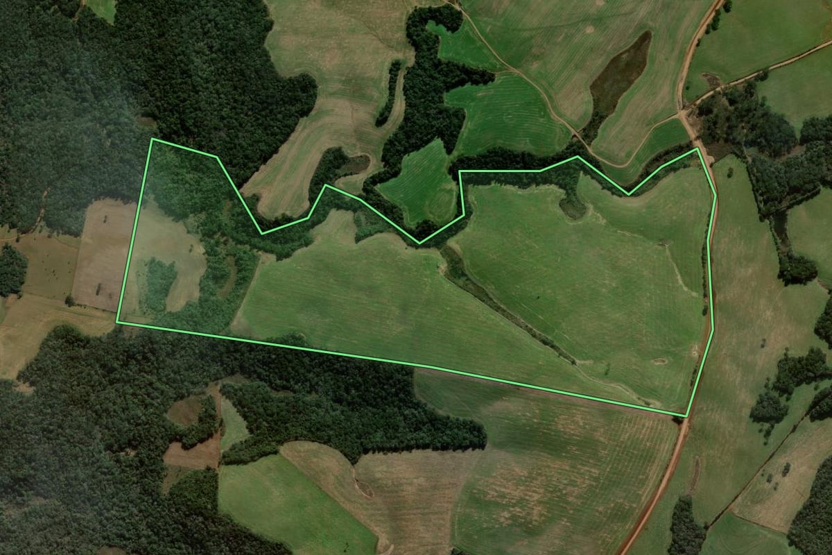 Imagem de satélite do imóvel rural em Coronel Domingos Soares (PR), com o contorno declarado no CAR desenhado por cima.