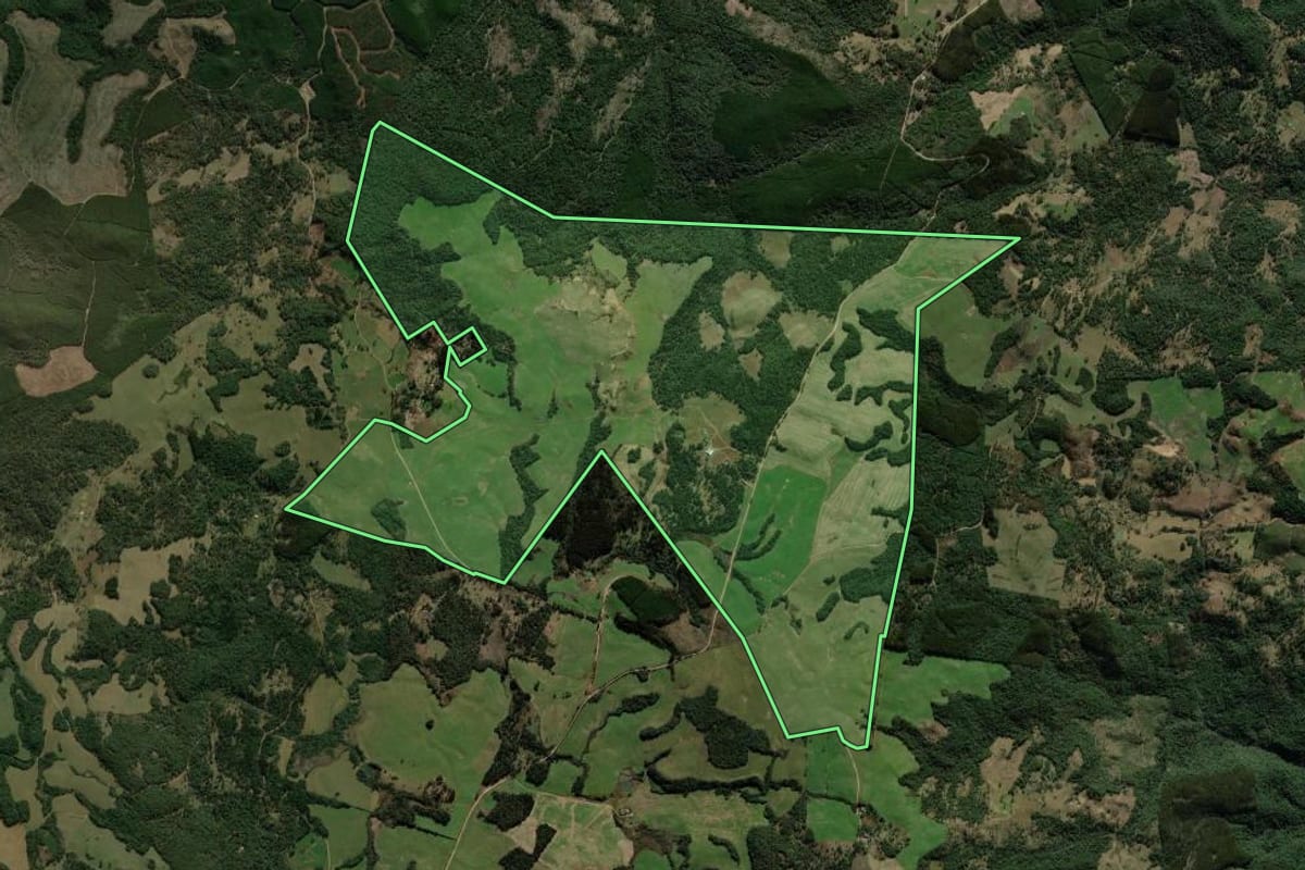 Imagem de satélite do imóvel rural em Coronel Domingos Soares (PR), com o contorno declarado no CAR desenhado por cima.