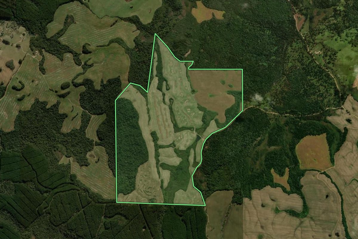Imagem de satélite do imóvel rural em Coronel Domingos Soares (PR), com o contorno declarado no CAR desenhado por cima.