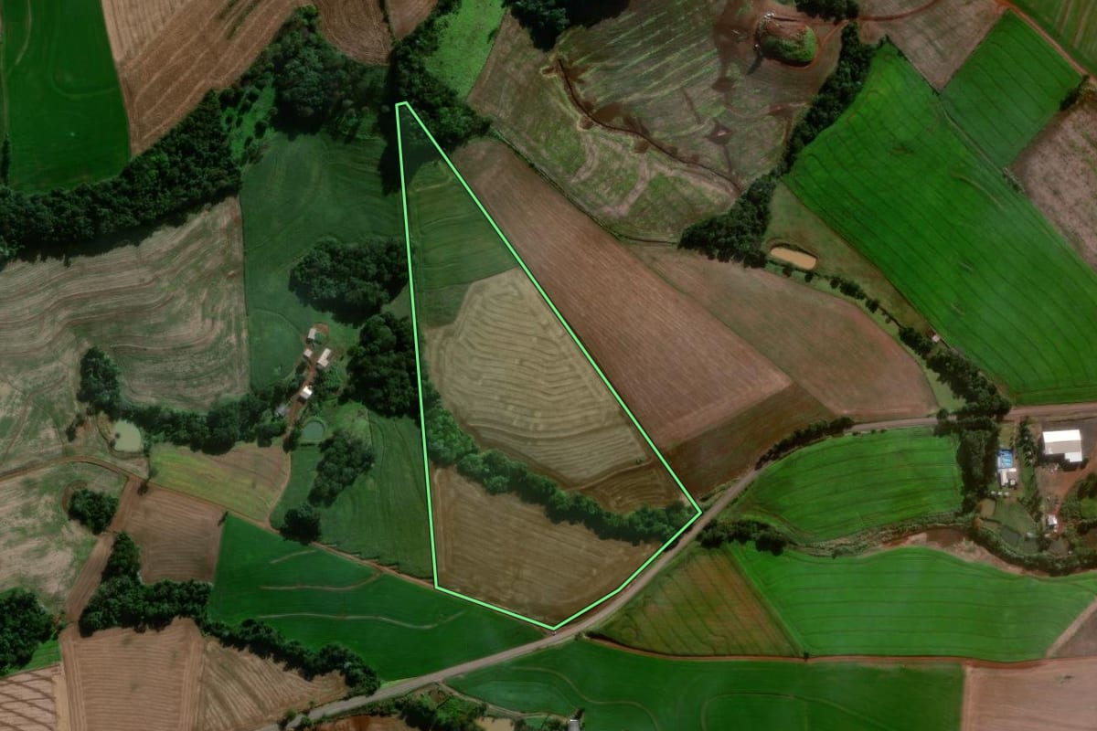 Imagem de satélite do imóvel rural em Coronel Vivida (PR), com o contorno declarado no CAR desenhado por cima.