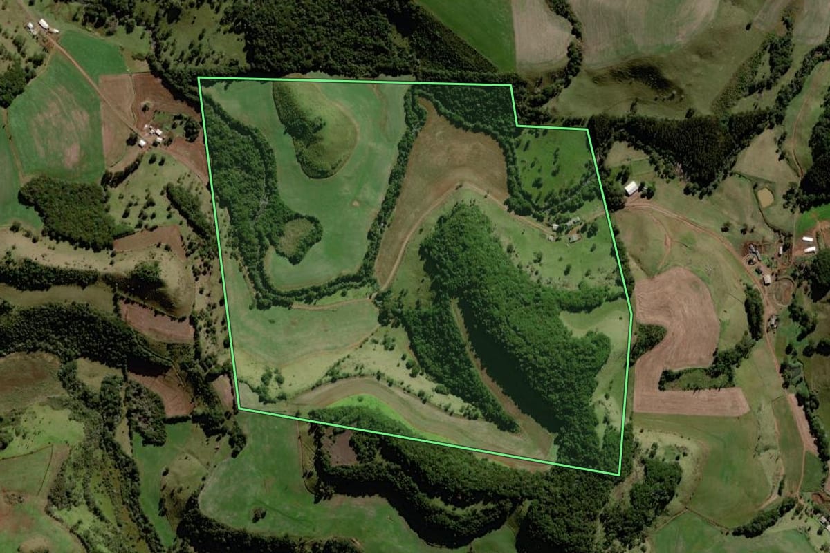 Imagem de satélite do imóvel rural em Coronel Vivida (PR), com o contorno declarado no CAR desenhado por cima.