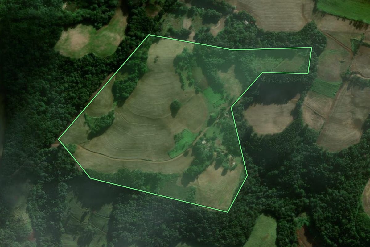 Imagem de satélite do imóvel rural em Coronel Vivida (PR), com o contorno declarado no CAR desenhado por cima.