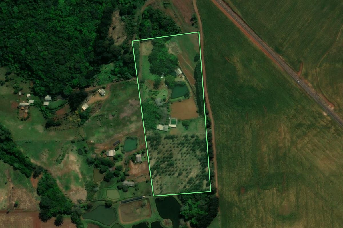 Imagem de satélite do imóvel rural em Coronel Vivida (PR), com o contorno declarado no CAR desenhado por cima.