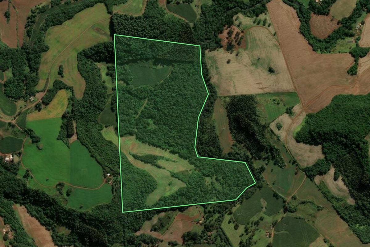 Imagem de satélite do imóvel rural em Coronel Vivida (PR), com o contorno declarado no CAR desenhado por cima.