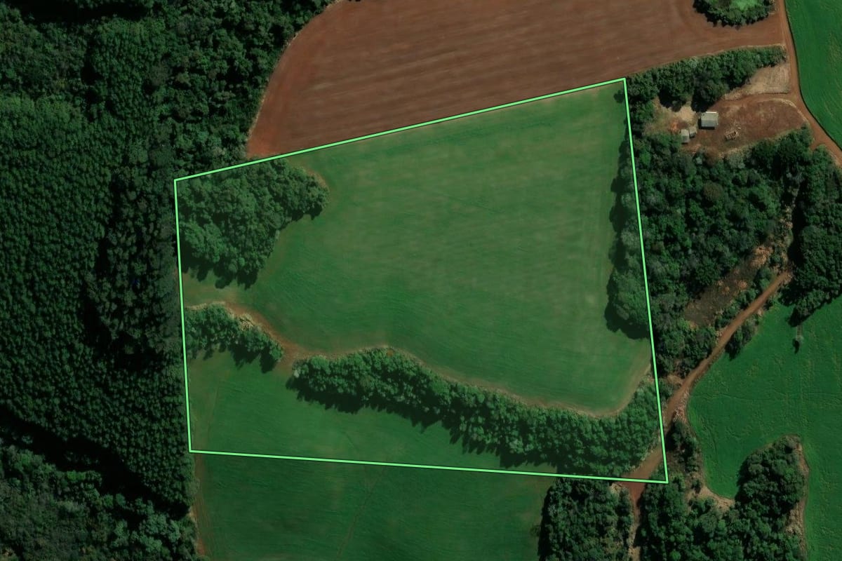Imagem de satélite do imóvel rural em Coronel Vivida (PR), com o contorno declarado no CAR desenhado por cima.