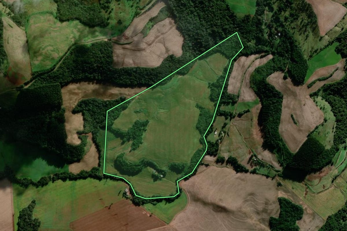 Imagem de satélite do imóvel rural em Coronel Vivida (PR), com o contorno declarado no CAR desenhado por cima.