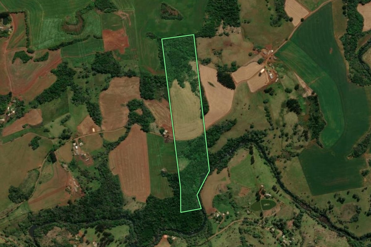 Imagem de satélite do imóvel rural em Coronel Vivida (PR), com o contorno declarado no CAR desenhado por cima.