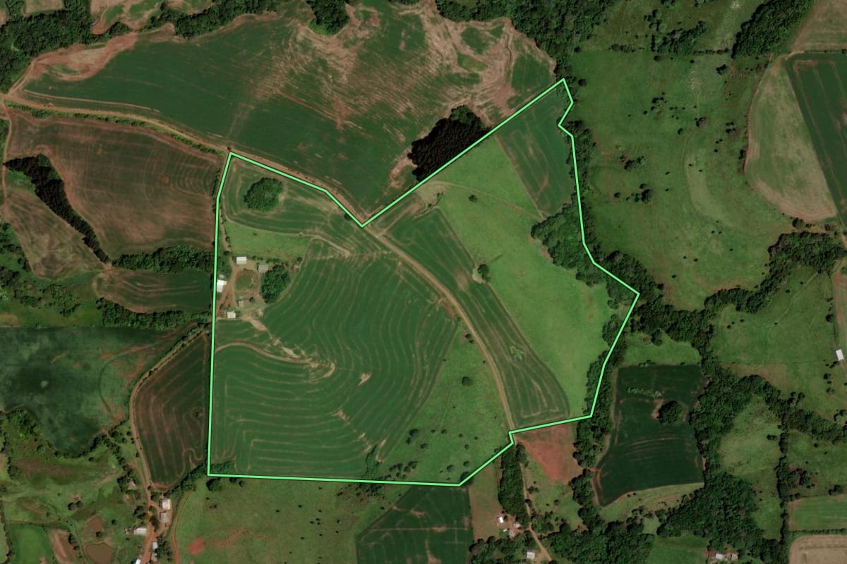 Imagem de satélite do imóvel rural em Coronel Vivida (PR), com o contorno declarado no CAR desenhado por cima.