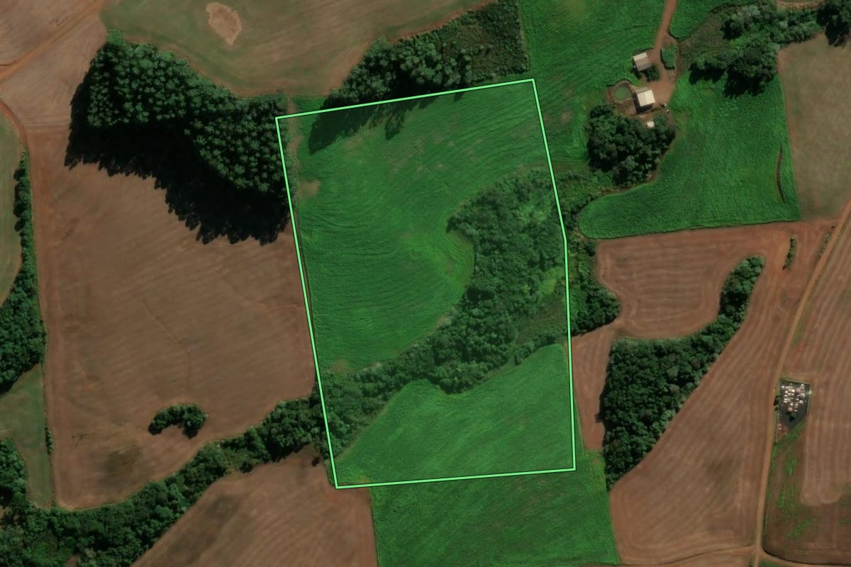 Imagem de satélite do imóvel rural em Coronel Vivida (PR), com o contorno declarado no CAR desenhado por cima.