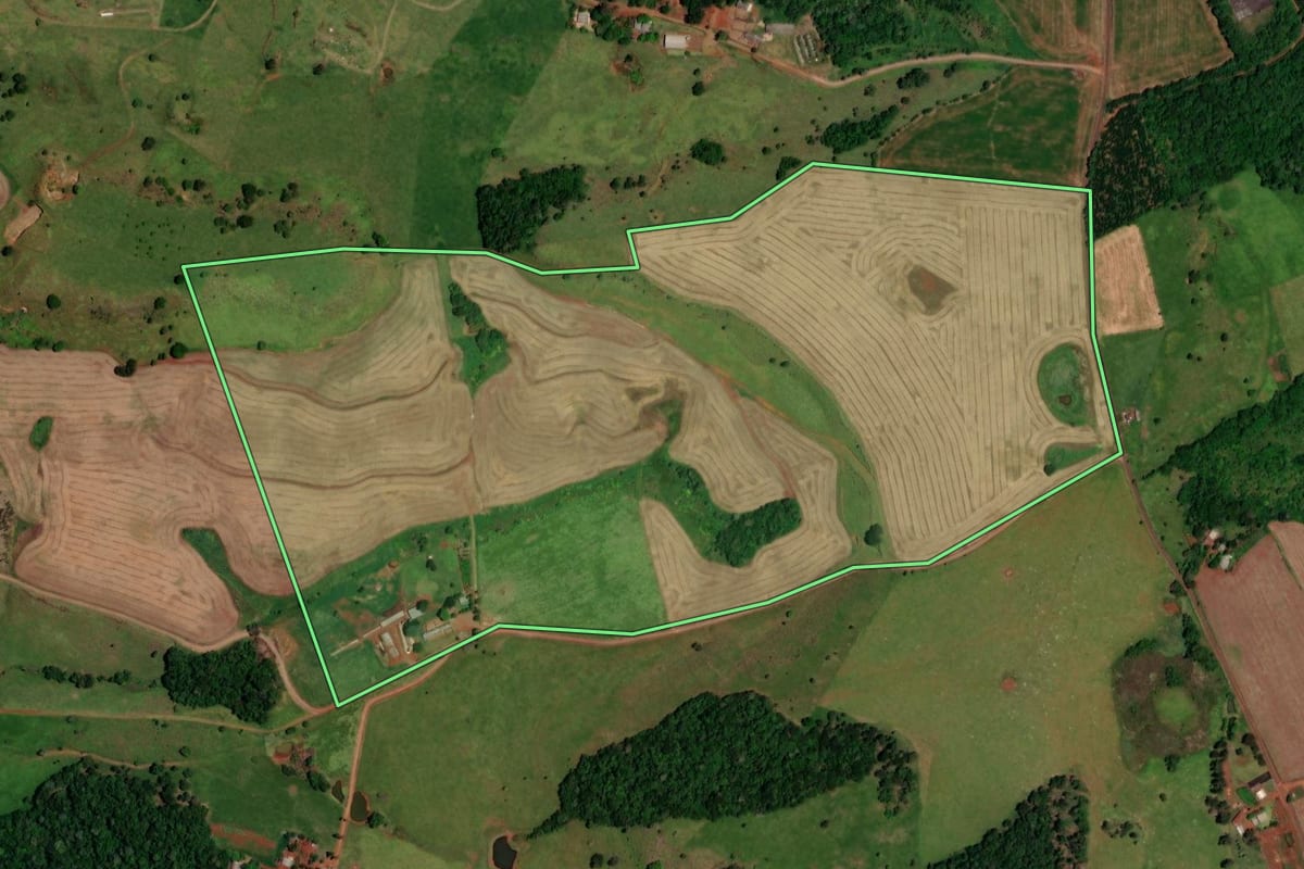 Imagem de satélite do imóvel rural em Cruzeiro do Iguaçu (PR), com o contorno declarado no CAR desenhado por cima.