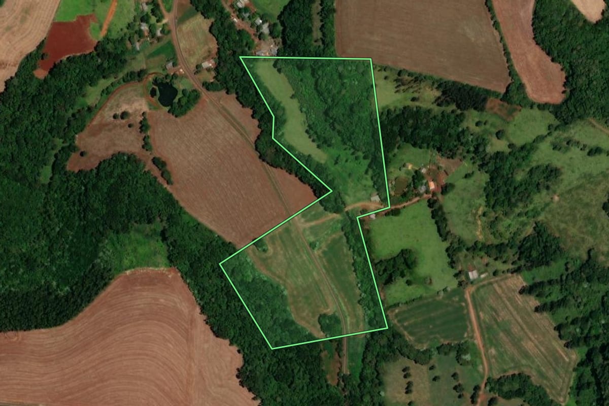 Imagem de satélite do imóvel rural em Cruzeiro do Iguaçu (PR), com o contorno declarado no CAR desenhado por cima.