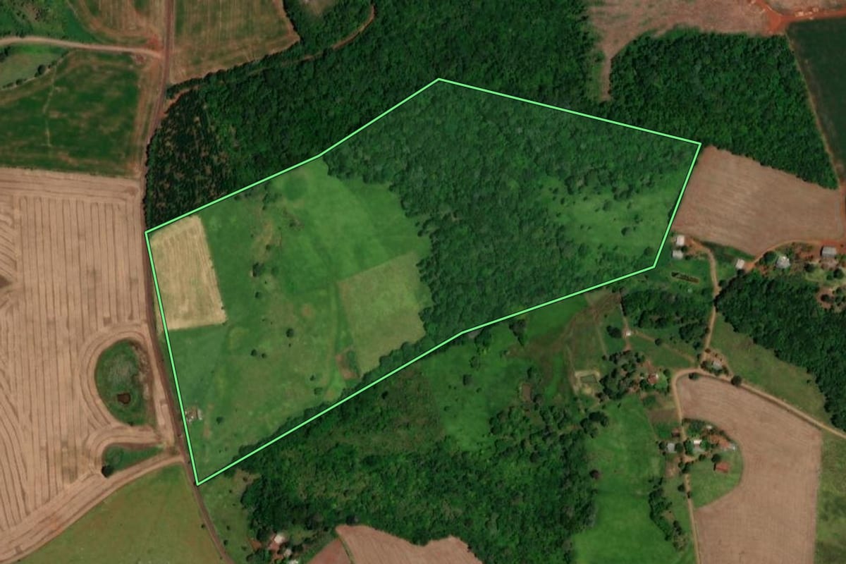 Imagem de satélite do imóvel rural em Cruzeiro do Iguaçu (PR), com o contorno declarado no CAR desenhado por cima.