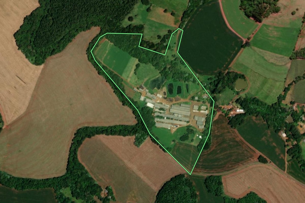 Imagem de satélite do imóvel rural em Cruzeiro do Iguaçu (PR), com o contorno declarado no CAR desenhado por cima.