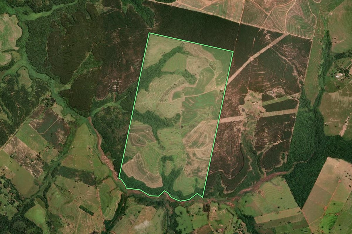 Imagem de satélite do imóvel rural em Cruzeiro do Oeste (PR), com o contorno declarado no CAR desenhado por cima.