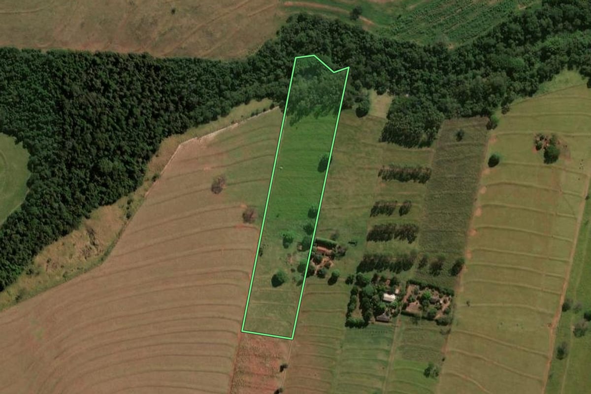 Imagem de satélite do imóvel rural em Cruzeiro do Sul (PR), com o contorno declarado no CAR desenhado por cima.