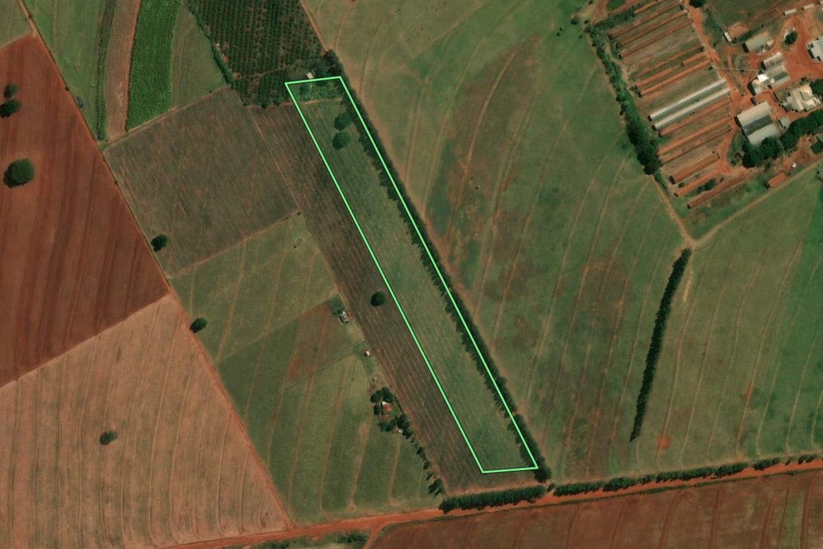 Imagem de satélite do imóvel rural em Cruzeiro do Sul (PR), com o contorno declarado no CAR desenhado por cima.