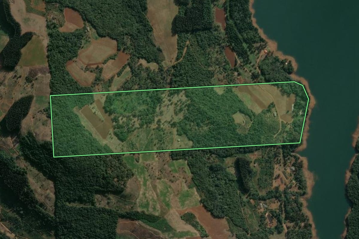 Imagem de satélite do imóvel rural em Cruz Machado (PR), com o contorno declarado no CAR desenhado por cima.