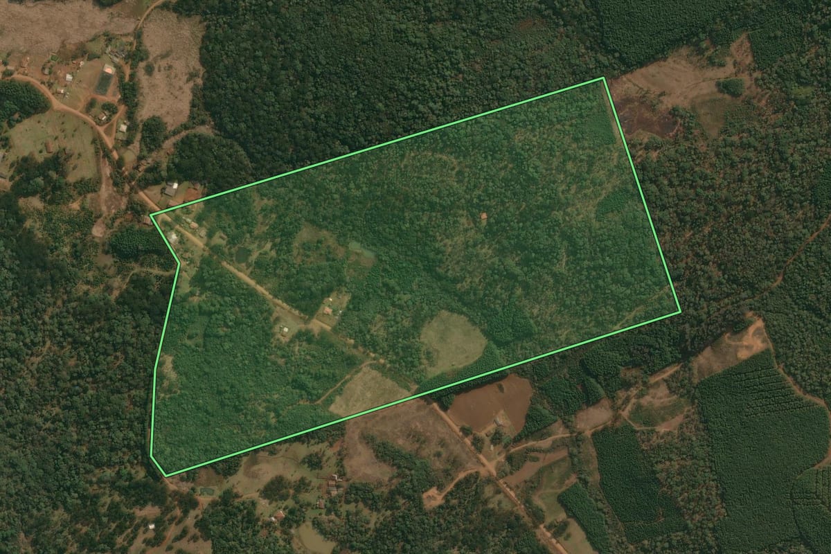 Imagem de satélite do imóvel rural em Cruz Machado (PR), com o contorno declarado no CAR desenhado por cima.