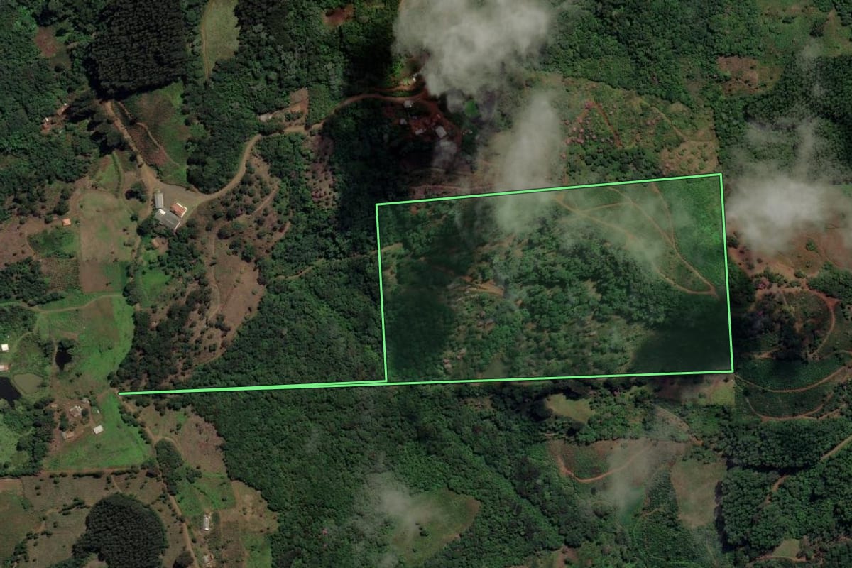 Imagem de satélite do imóvel rural em Cruz Machado (PR), com o contorno declarado no CAR desenhado por cima.