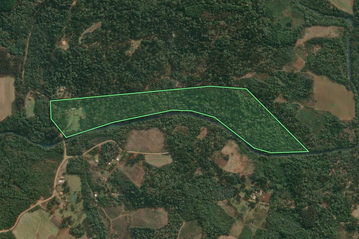 Imagem de satélite do imóvel rural em Cruz Machado (PR), com o contorno declarado no CAR desenhado por cima.