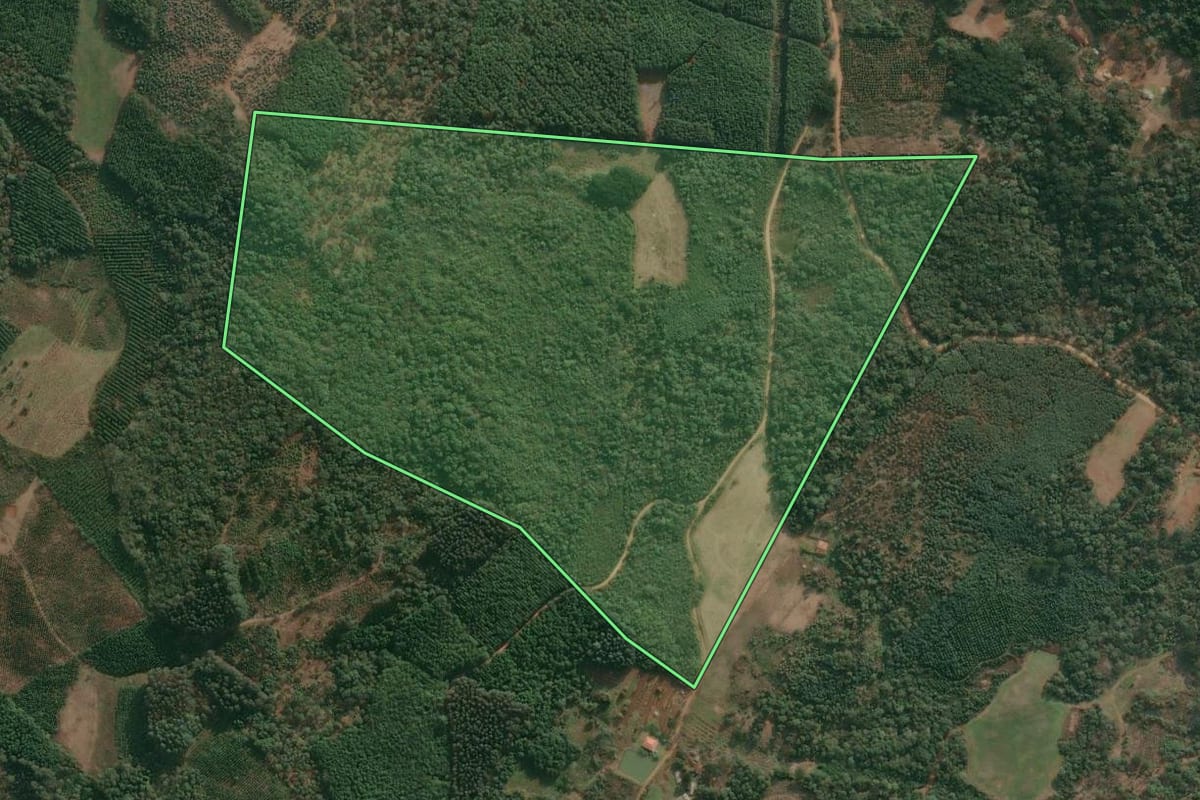 Imagem de satélite do imóvel rural em Cruz Machado (PR), com o contorno declarado no CAR desenhado por cima.