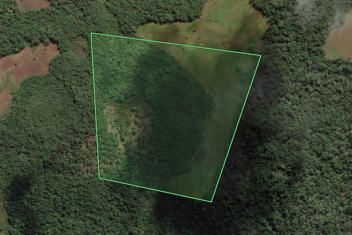 Imagem de satélite do imóvel rural em Cruz Machado (PR), com o contorno declarado no CAR desenhado por cima.