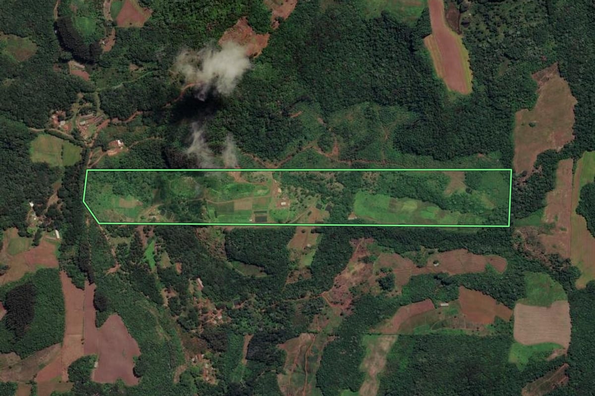 Imagem de satélite do imóvel rural em Cruz Machado (PR), com o contorno declarado no CAR desenhado por cima.