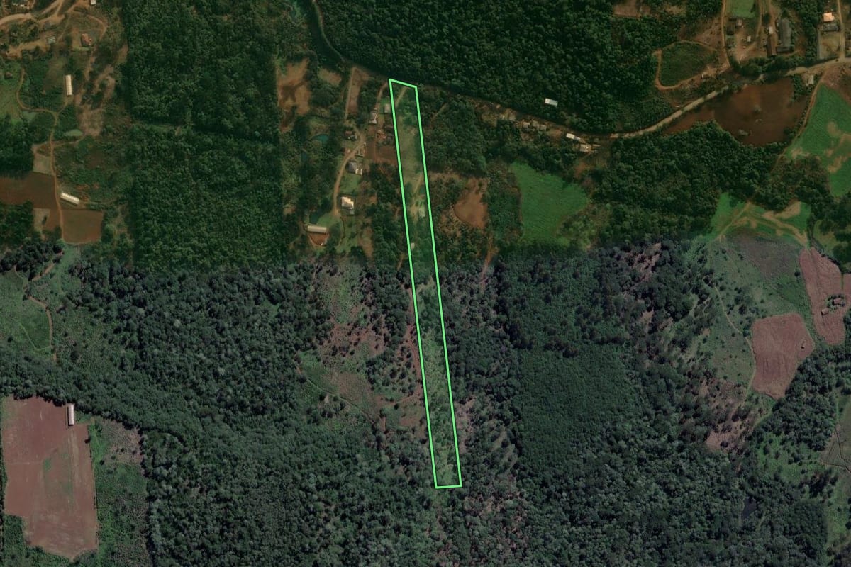 Imagem de satélite do imóvel rural em Cruz Machado (PR), com o contorno declarado no CAR desenhado por cima.