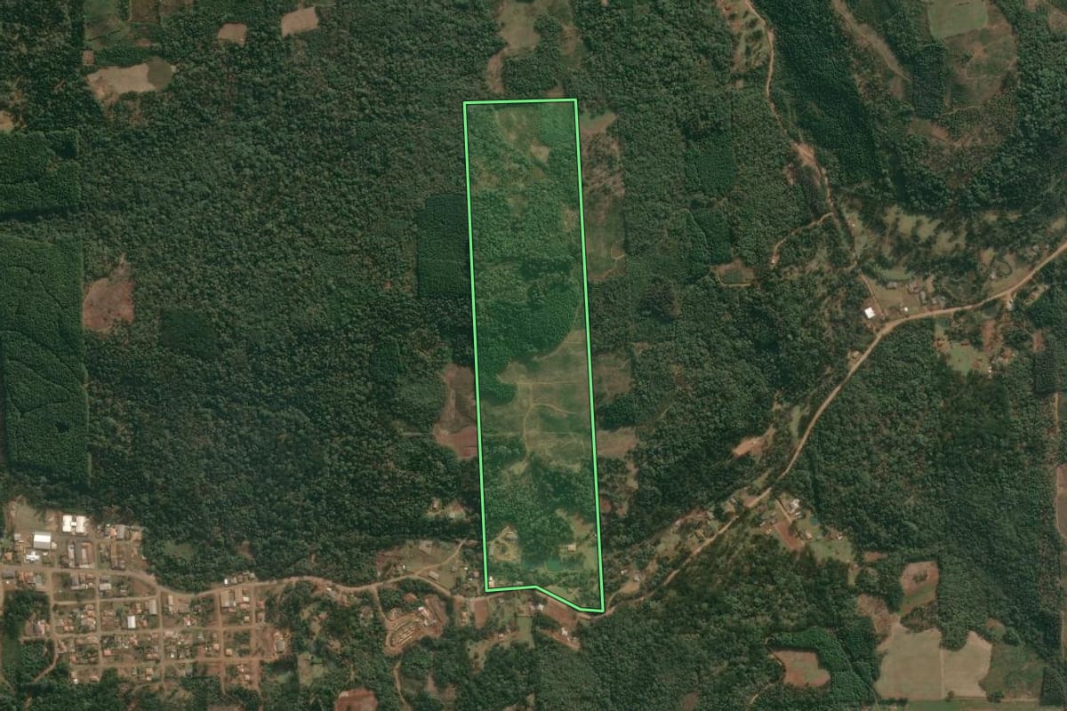 Imagem de satélite do imóvel rural em Cruz Machado (PR), com o contorno declarado no CAR desenhado por cima.