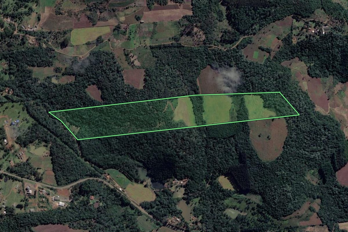 Imagem de satélite do imóvel rural em Cruz Machado (PR), com o contorno declarado no CAR desenhado por cima.