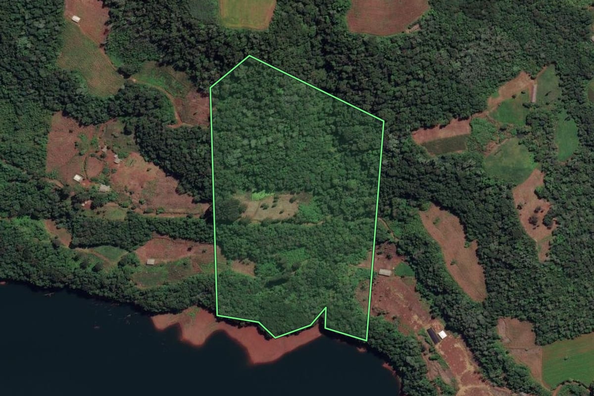 Imagem de satélite do imóvel rural em Cruz Machado (PR), com o contorno declarado no CAR desenhado por cima.