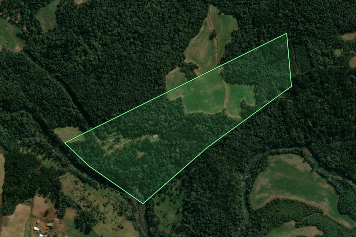 Imagem de satélite do imóvel rural em Cruz Machado (PR), com o contorno declarado no CAR desenhado por cima.