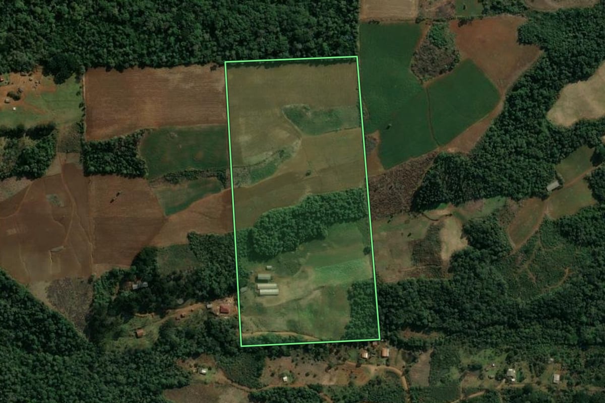 Imagem de satélite do imóvel rural em Cruz Machado (PR), com o contorno declarado no CAR desenhado por cima.