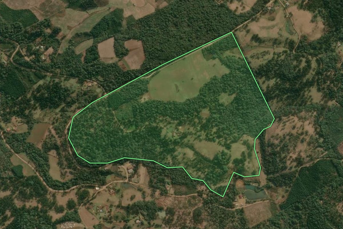 Imagem de satélite do imóvel rural em Cruz Machado (PR), com o contorno declarado no CAR desenhado por cima.