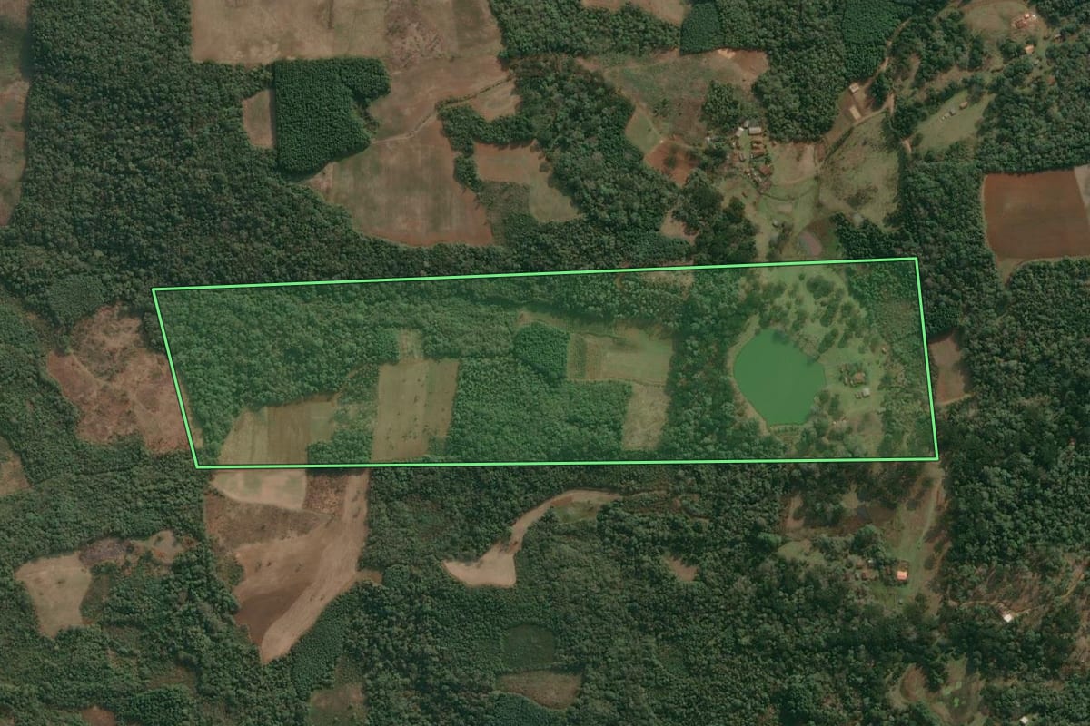 Imagem de satélite do imóvel rural em Cruz Machado (PR), com o contorno declarado no CAR desenhado por cima.