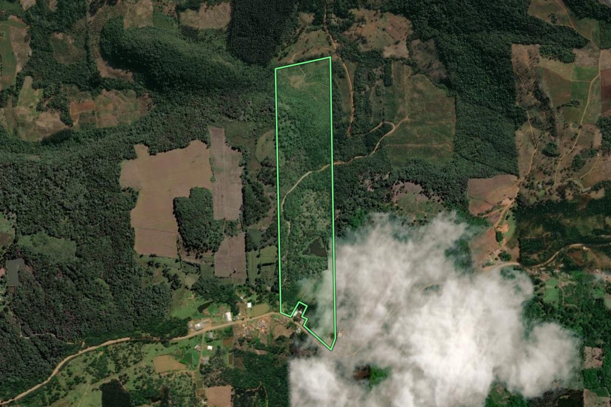 Imagem de satélite do imóvel rural em Cruz Machado (PR), com o contorno declarado no CAR desenhado por cima.